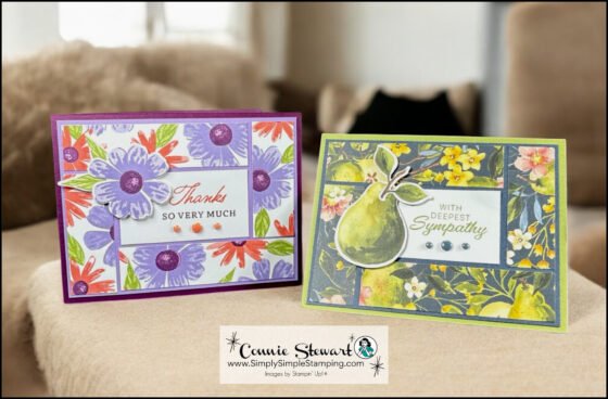 Patchwork border cards can be made with strips of scrapbook paper or designer series paper