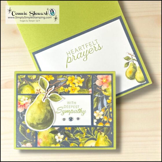 This patchwork border card was made featuring the Stampin' Up!  Painterly Pears designer series paper