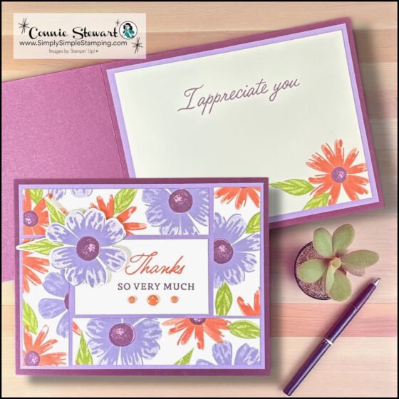 This patchwork border card was made featuring the Stampin' Up! Impressions Abloom bundle and hand stamped flowers and leaves